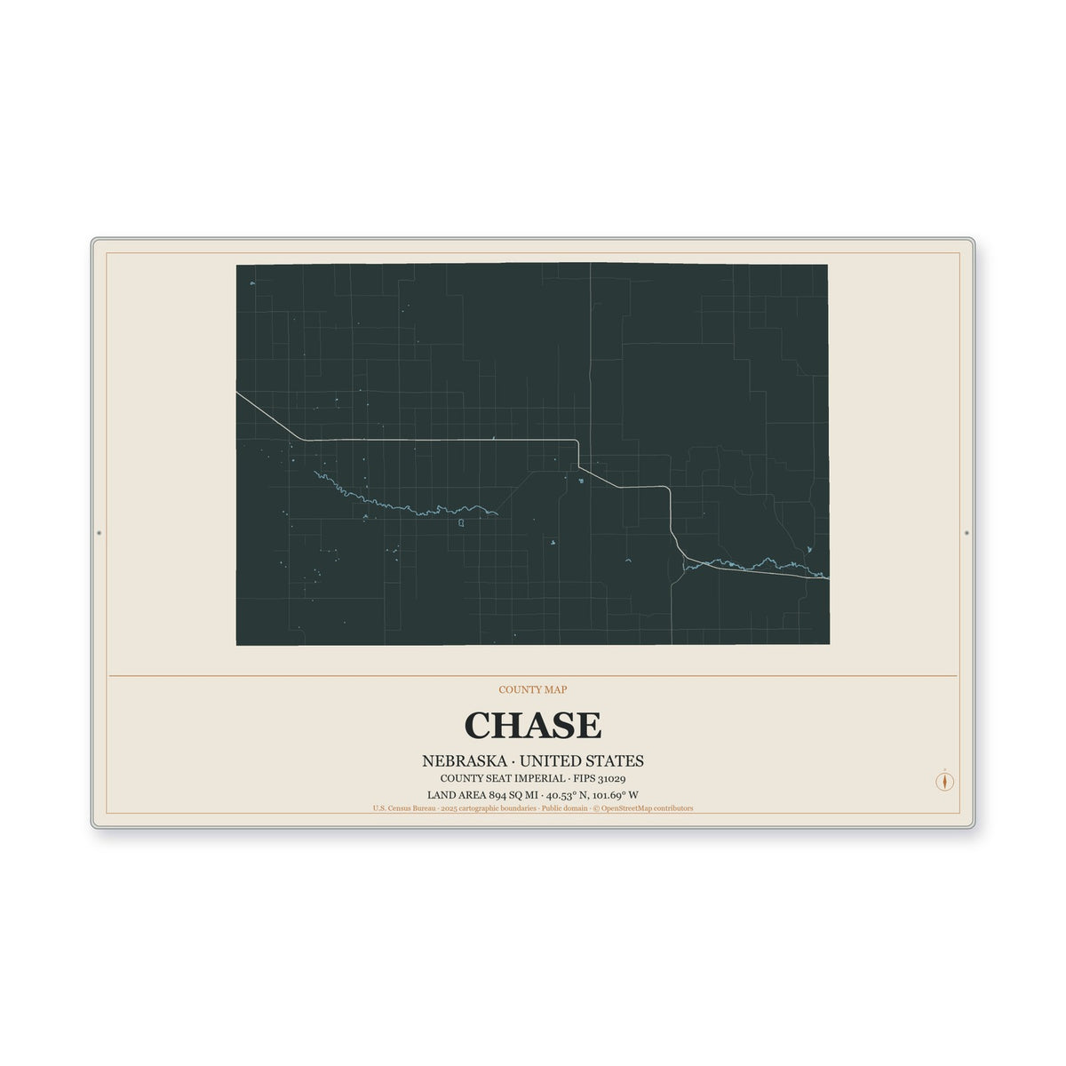 Chase County, Nebraska Map Aluminum Sign in Headline Atlas style