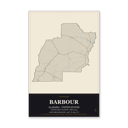 Barbour County, Alabama Map Aluminum Sign in Museum Plaque style