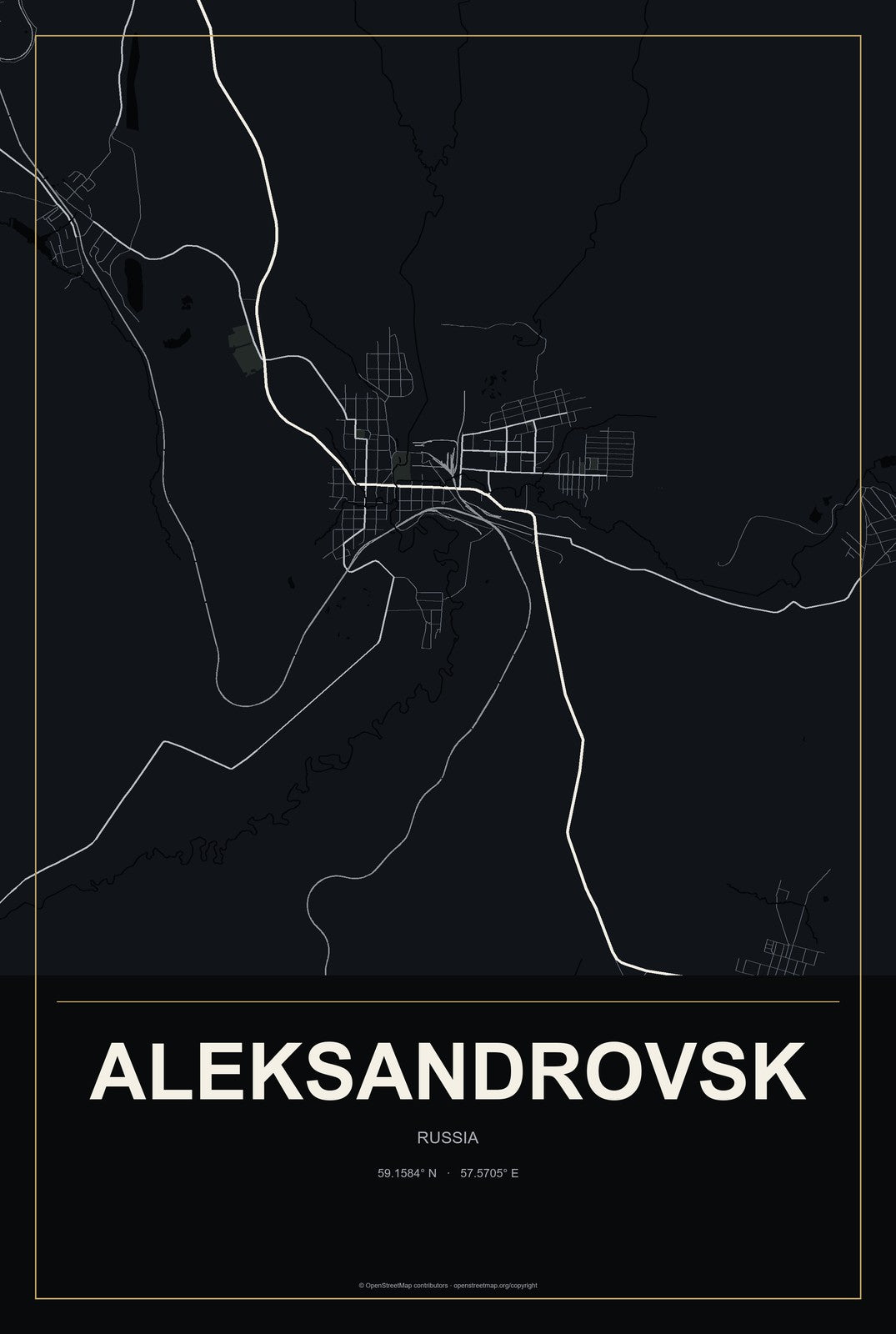 Aleksandrovsk, Russia City Map Aluminum Sign in Metropolitan Noir style