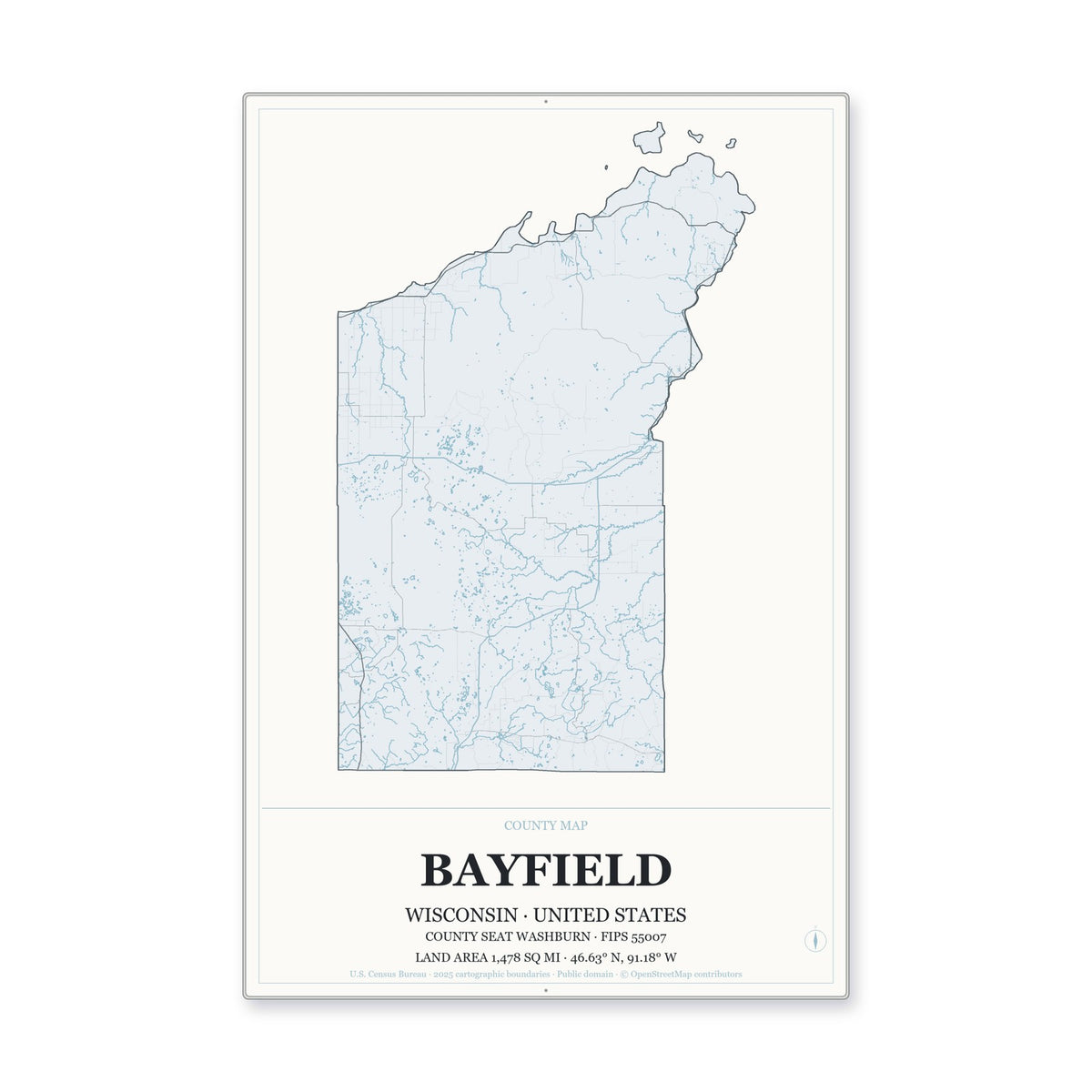 Bayfield County, Wisconsin Map Aluminum Sign in Gallery Air style