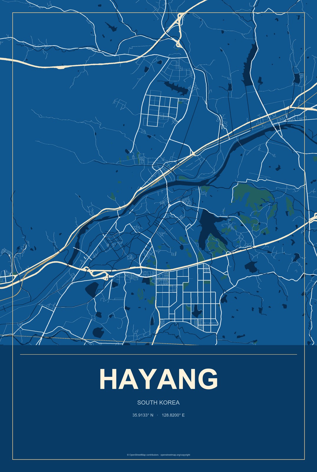 Hayang, South Korea City Map Aluminum Sign in Harbor Cobalt style