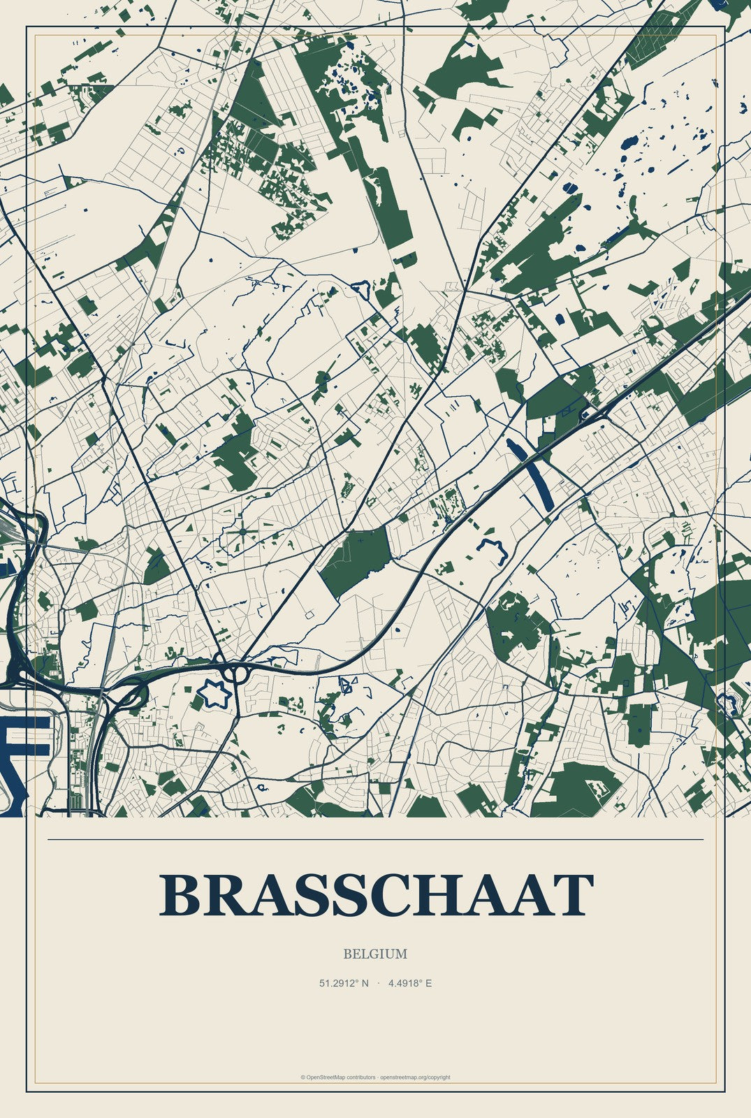 Brasschaat, Belgium City Map Aluminum Sign in Coastal Cutout style