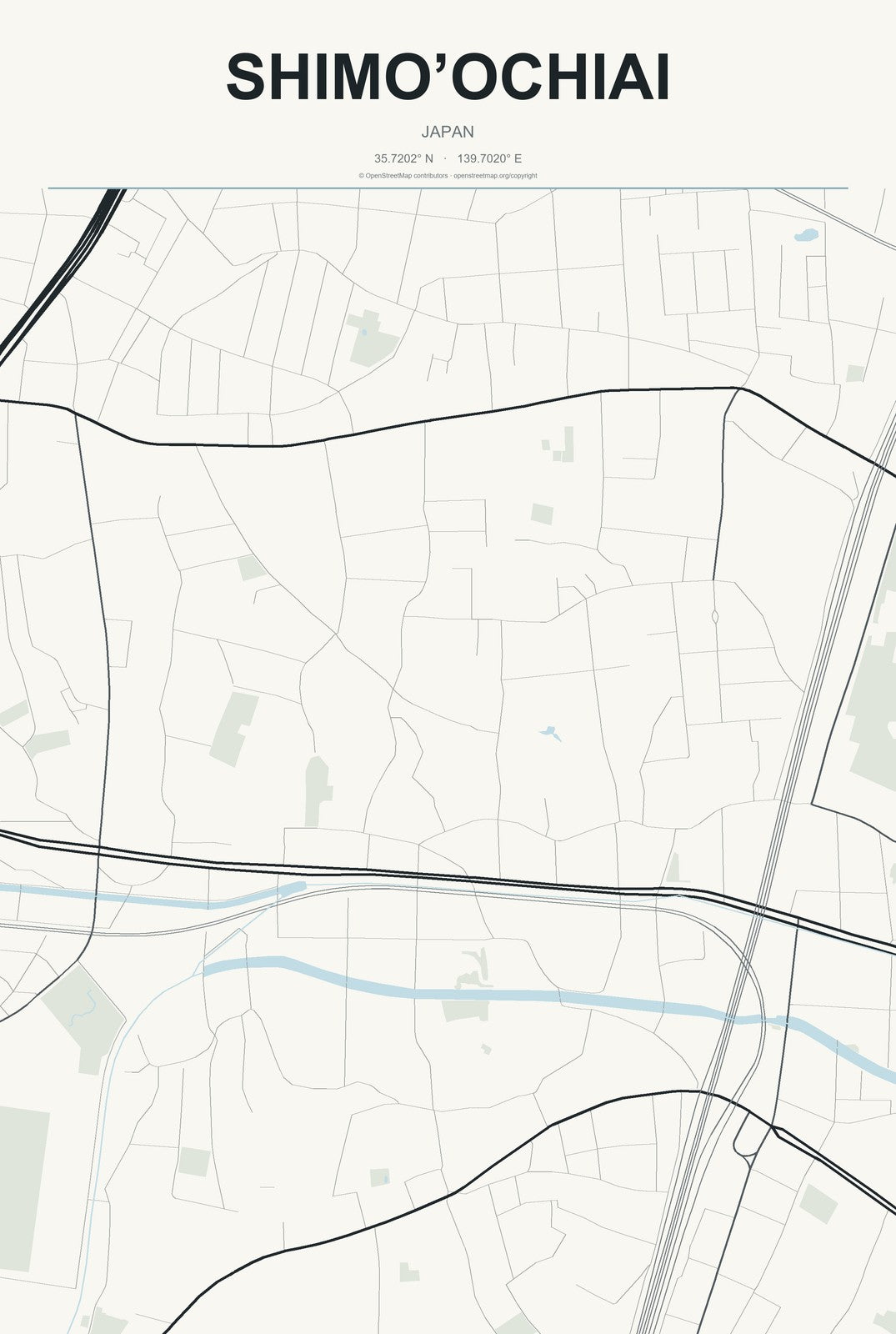 Shimo’ochiai, Japan City Map Aluminum Sign in Headline Atlas style
