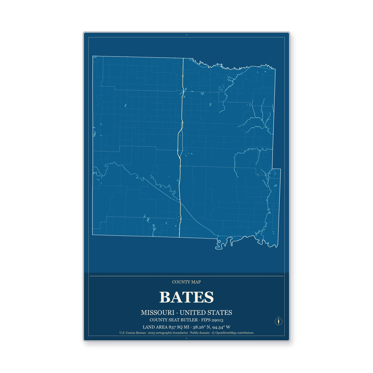 Bates County, Missouri Map Aluminum Sign in Harbor Cobalt style