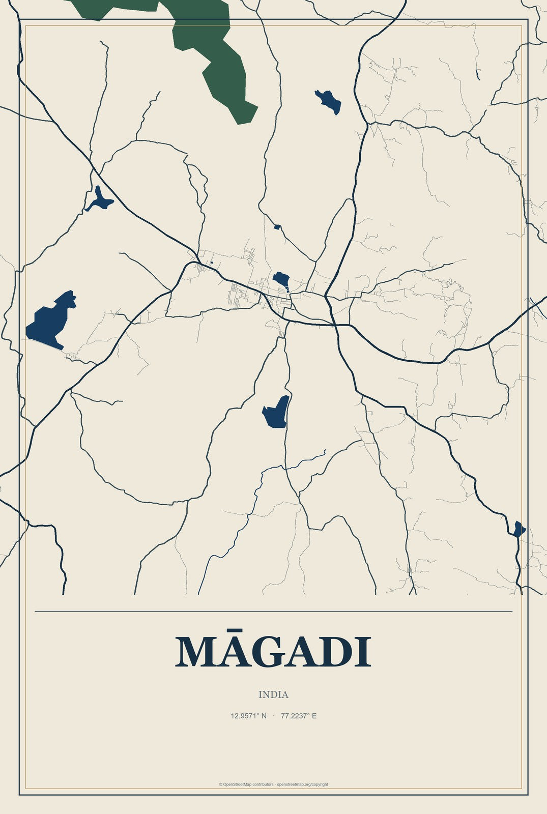 Māgadi, India City Map Aluminum Sign in Coastal Cutout style