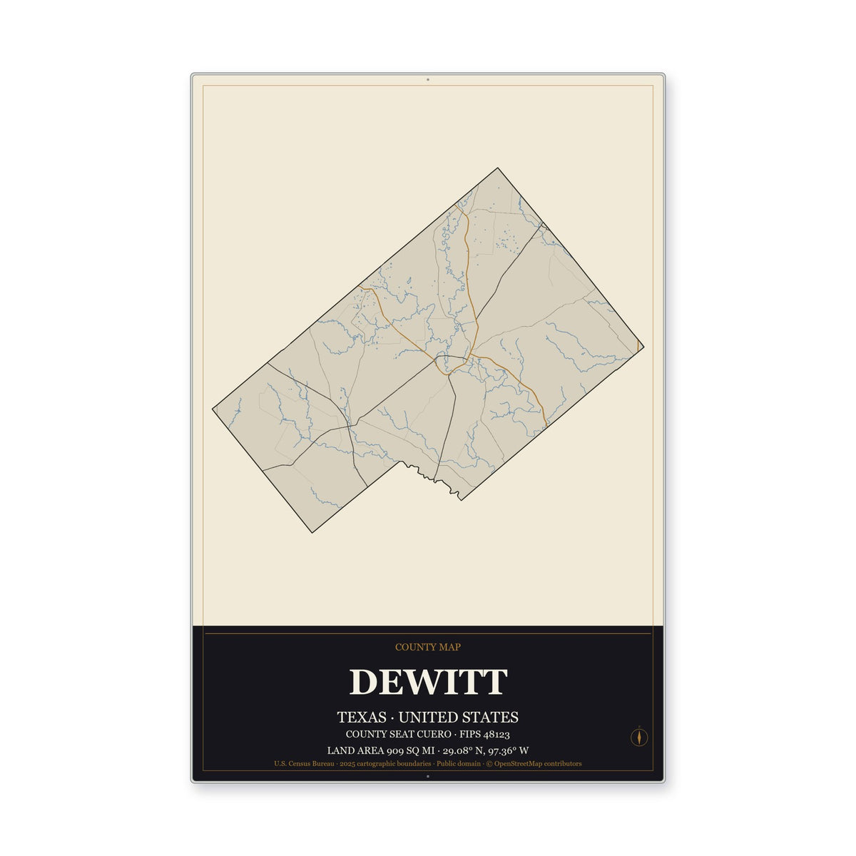 DeWitt County, Texas Map Aluminum Sign in Museum Plaque style
