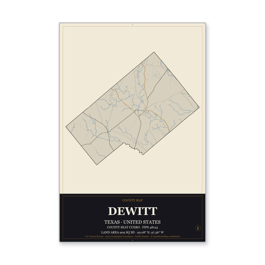 DeWitt County, Texas Map Aluminum Sign in Museum Plaque style