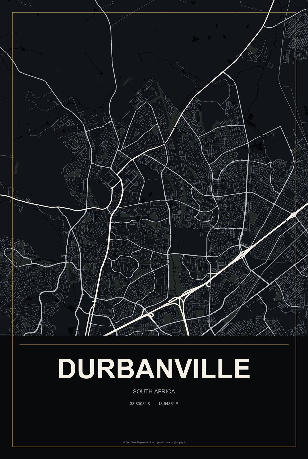 Durbanville, South Africa City Map Aluminum Sign in Metropolitan Noir style