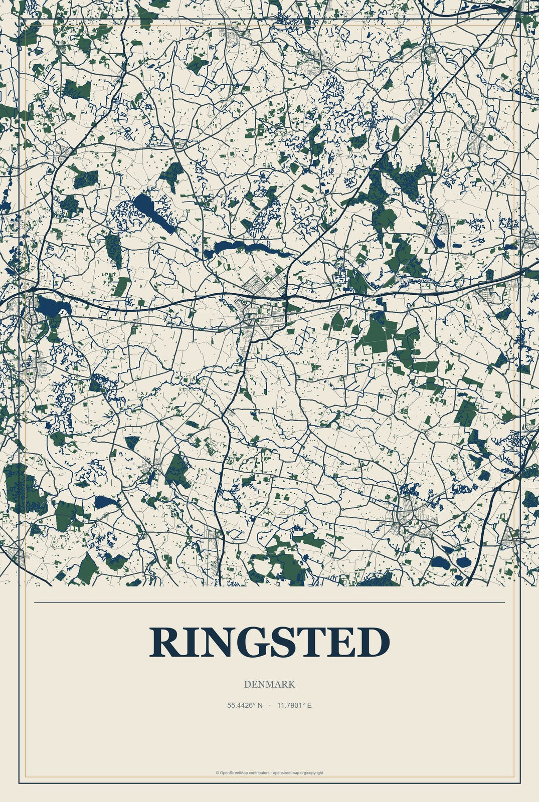 Ringsted, Denmark City Map Aluminum Sign in Coastal Cutout style