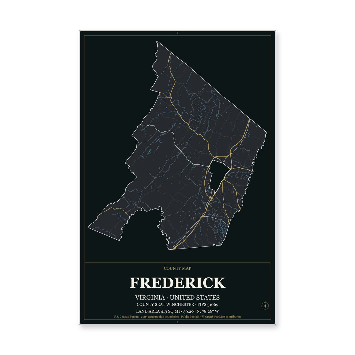 Frederick County, Virginia Map Aluminum Sign in Metropolitan Noir style