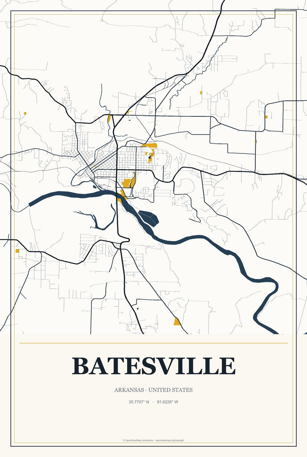 Batesville, Arkansas City Map Aluminum Sign in Citrine Modern style