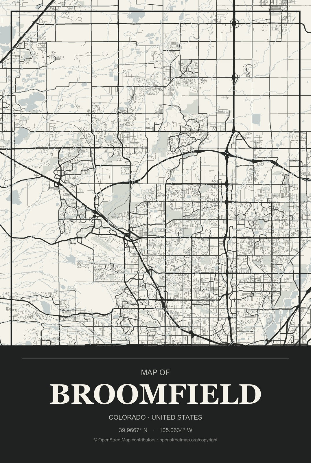 Broomfield, Colorado City Map Aluminum Sign in Museum Plaque style