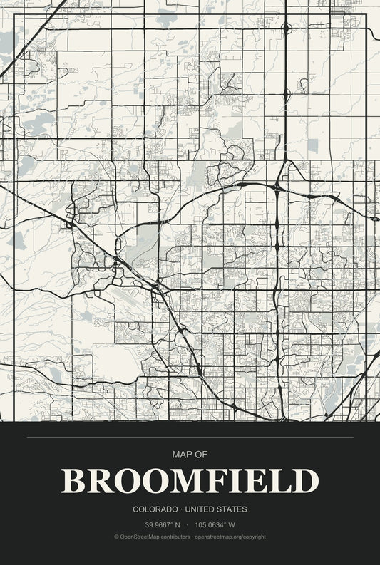 Broomfield, Colorado City Map Aluminum Sign in Museum Plaque style