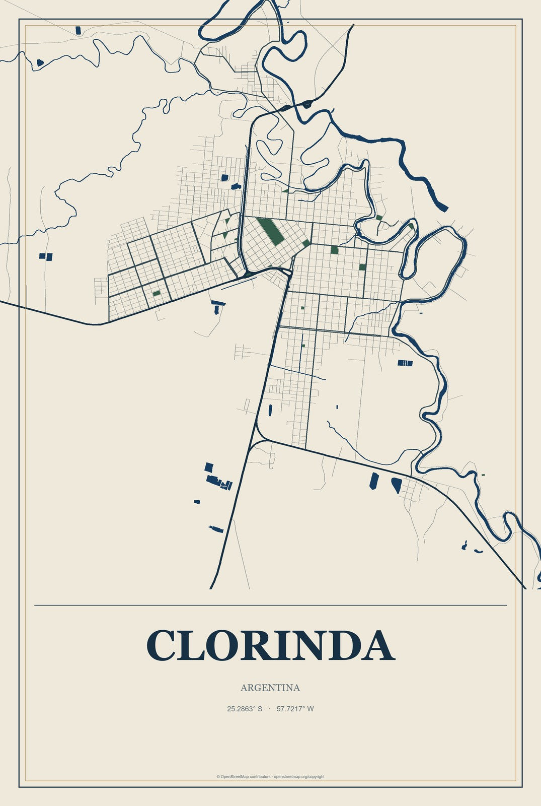 Clorinda, Argentina City Map Aluminum Sign in Coastal Cutout style