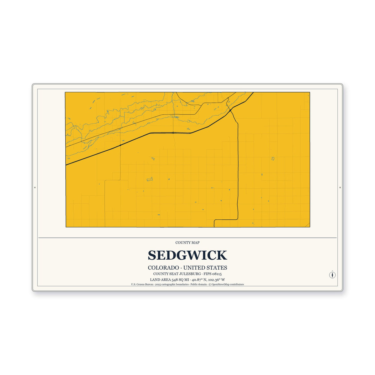 Sedgwick County, Colorado Map Aluminum Sign in Citrine Modern style
