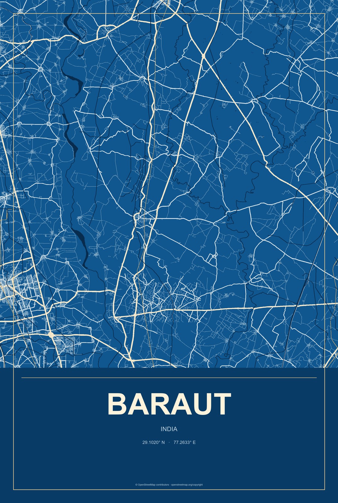 Baraut, India City Map Aluminum Sign in Harbor Cobalt style