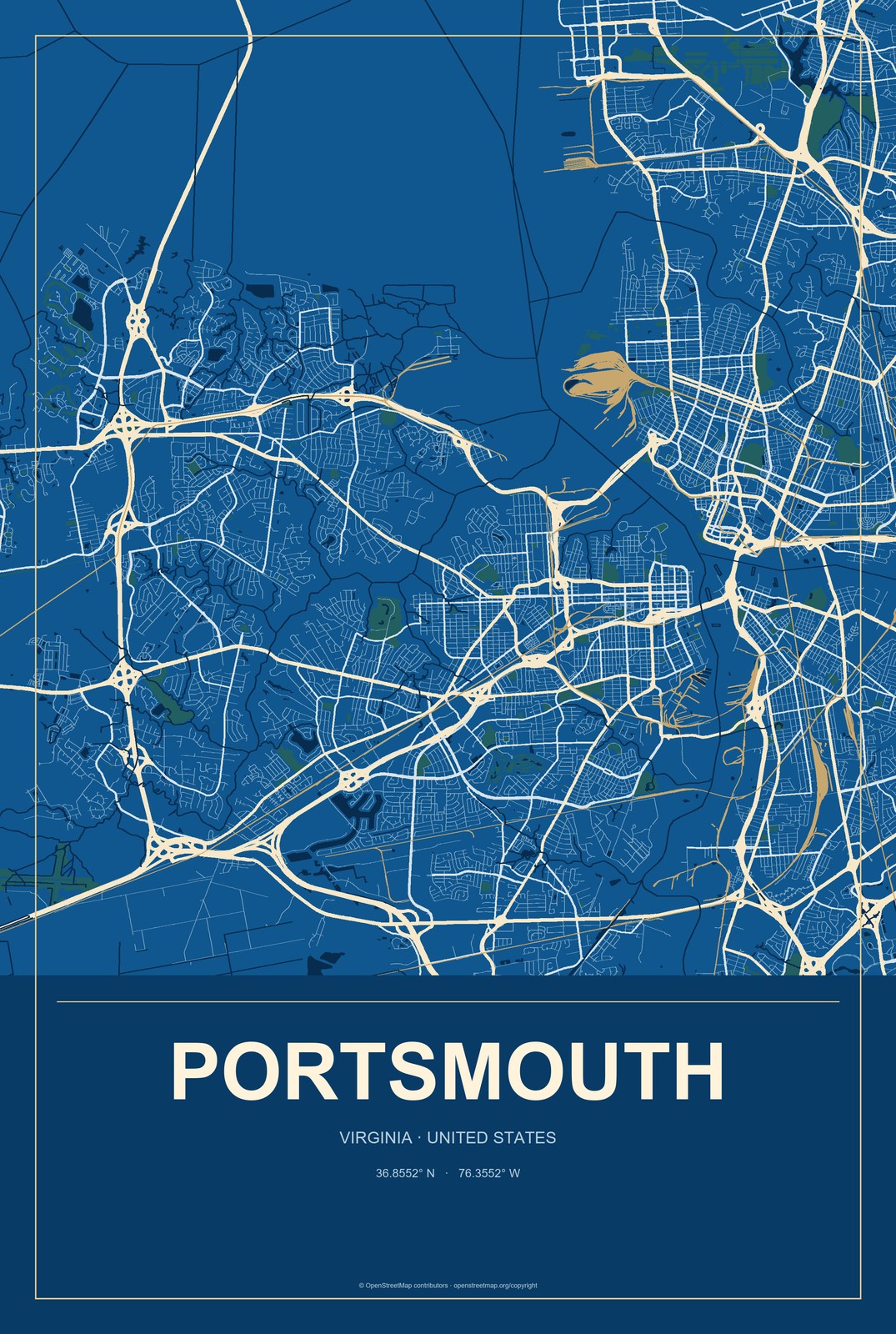 Portsmouth, Virginia City Map Aluminum Sign in Harbor Cobalt style