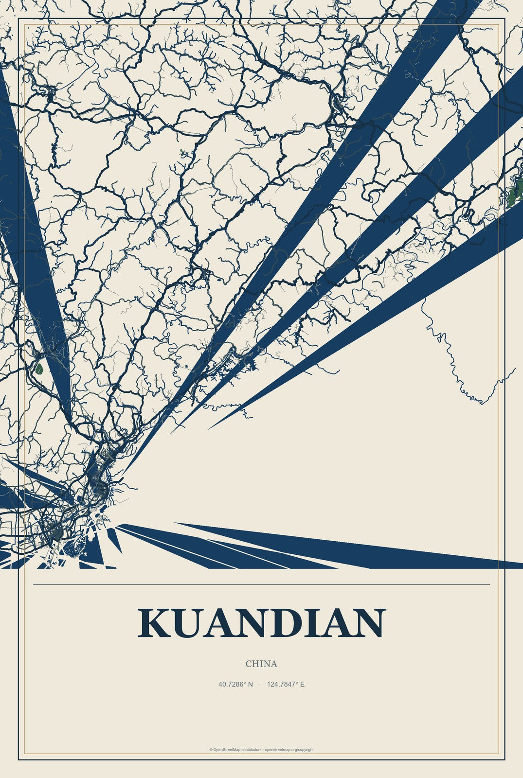Kuandian, China City Map Aluminum Sign in Coastal Cutout style