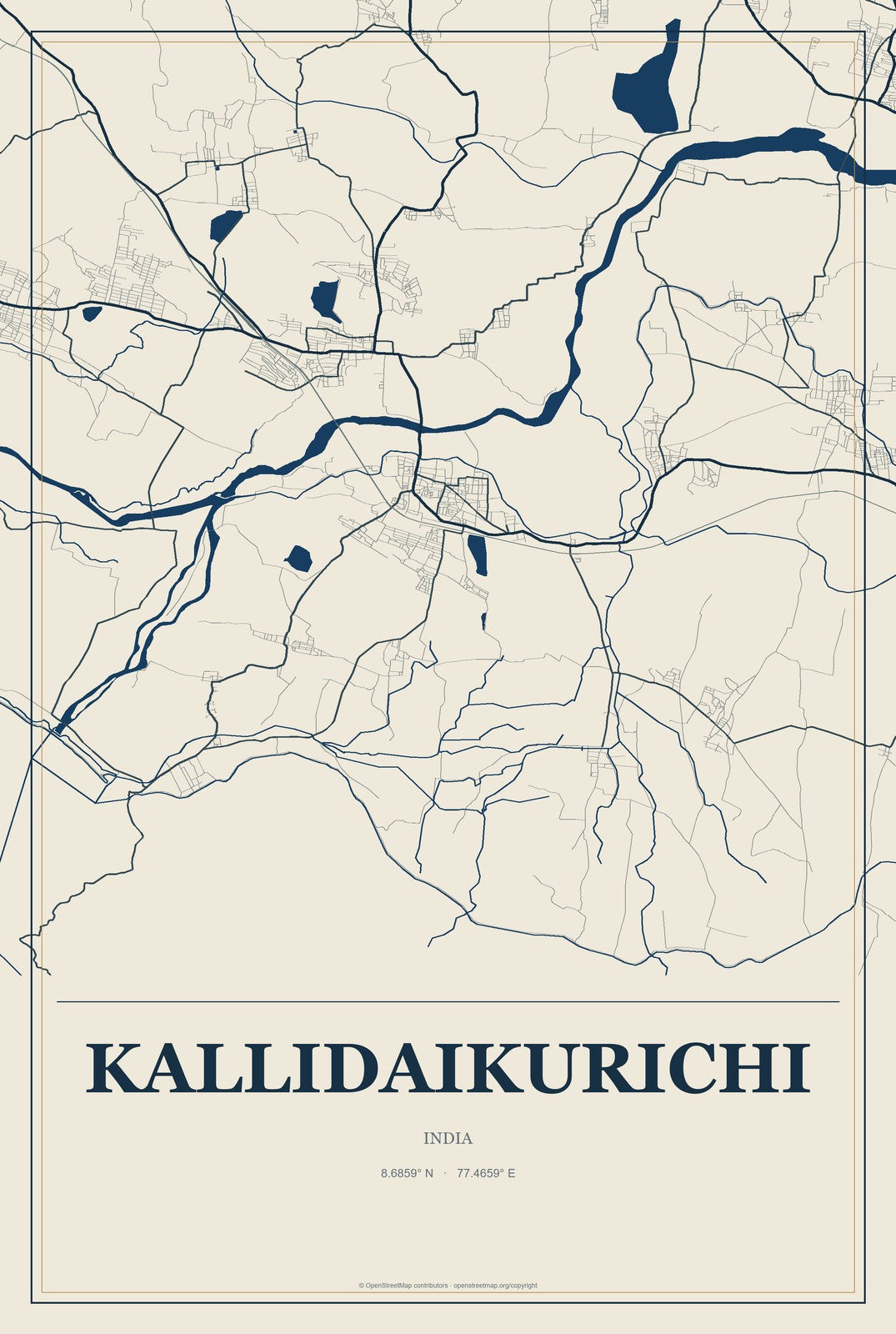 Kallidaikurichi, India City Map Aluminum Sign in Coastal Cutout style