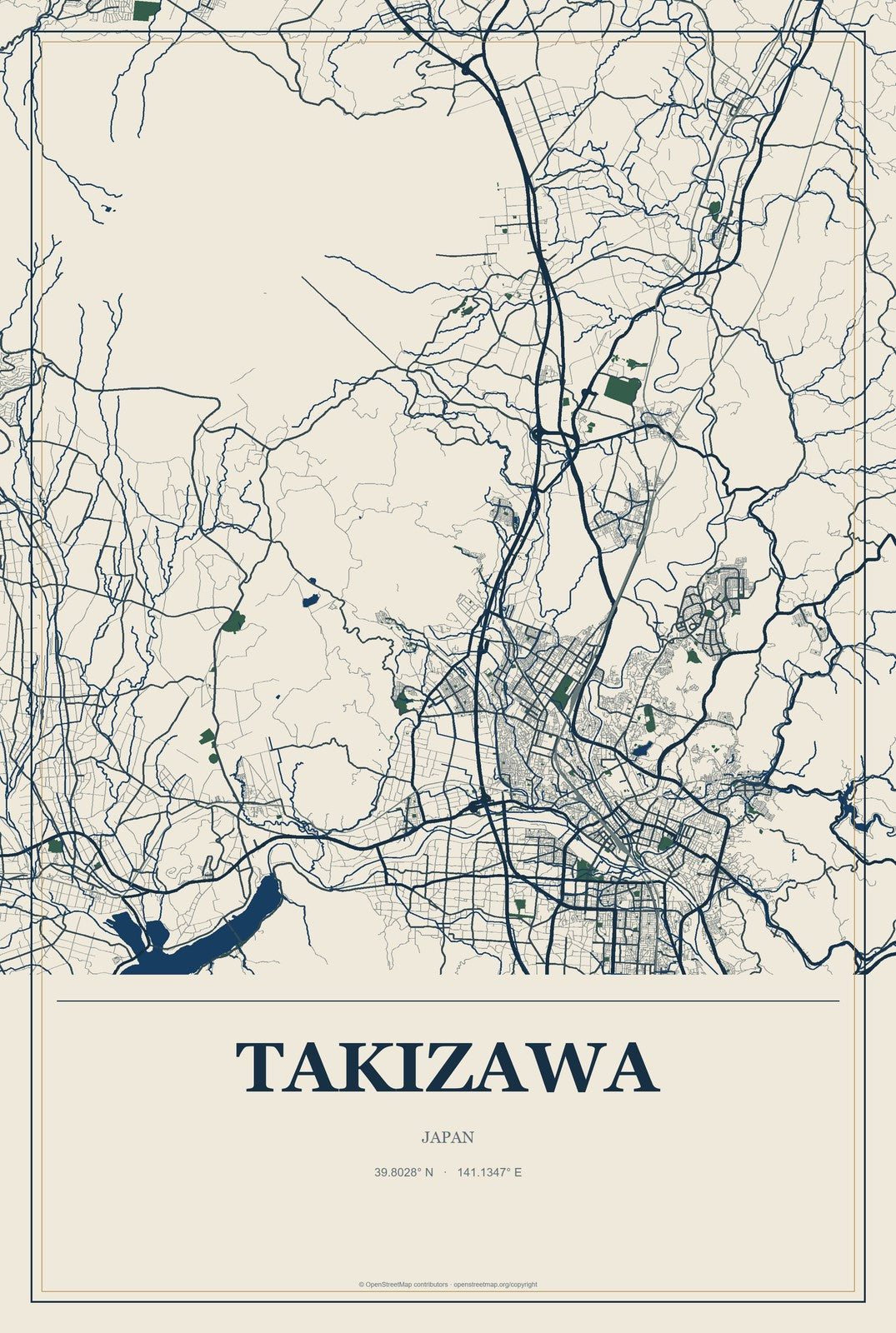Takizawa, Japan City Map Aluminum Sign in Coastal Cutout style