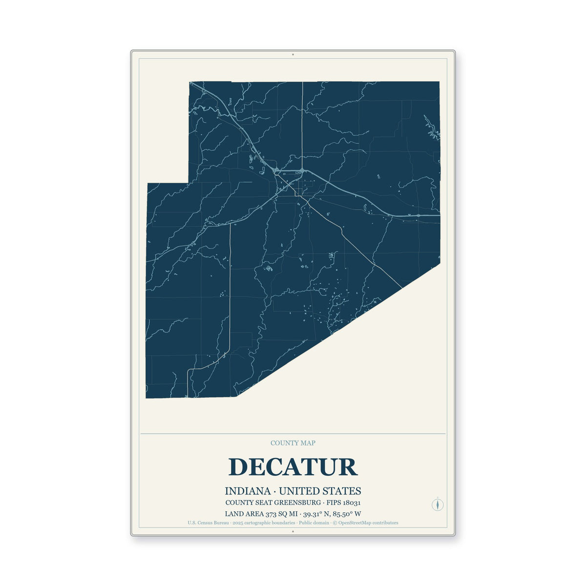 Decatur County, Indiana Map Aluminum Sign in Coastal Cutout style