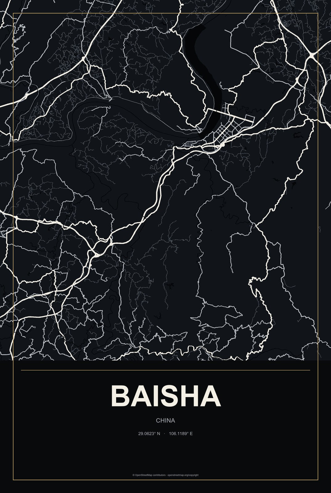Baisha, Guangxi, China City Map Aluminum Sign in Metropolitan Noir style