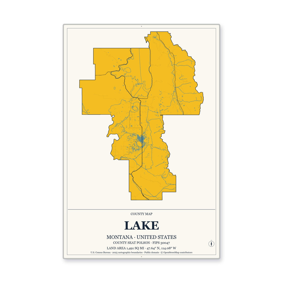 Lake County, Montana Map Aluminum Sign in Citrine Modern style