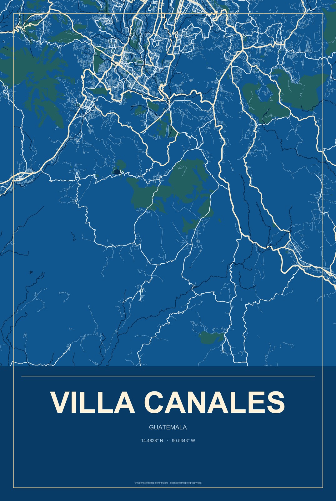 Villa Canales, Guatemala City Map Aluminum Sign in Harbor Cobalt style