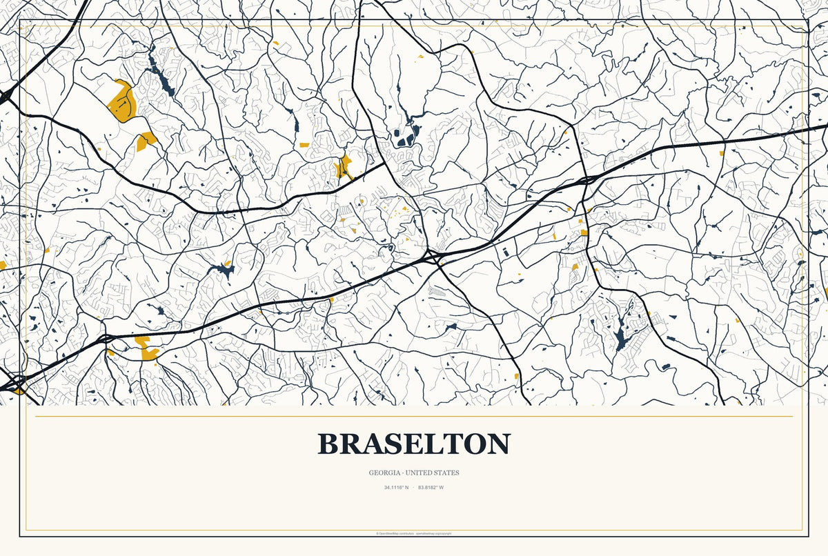 Braselton, Georgia City Map Aluminum Sign in Citrine Modern style