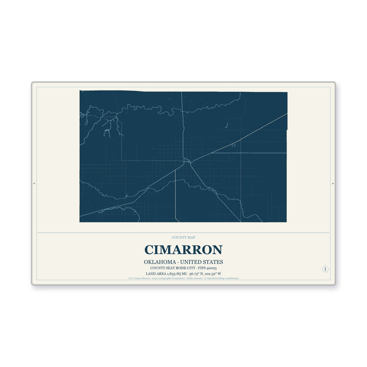 Cimarron County, Oklahoma Map Aluminum Sign in Coastal Cutout style