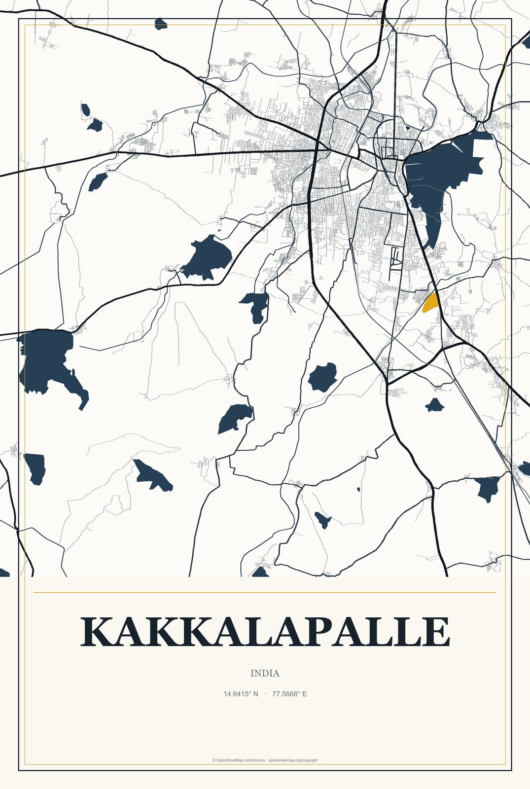 Kakkalapalle, India City Map Aluminum Sign in Citrine Modern style