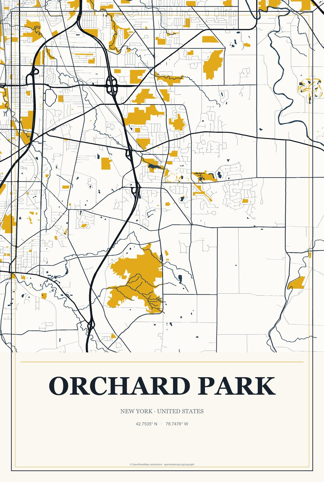Orchard Park, New York City Map Aluminum Sign in Citrine Modern style