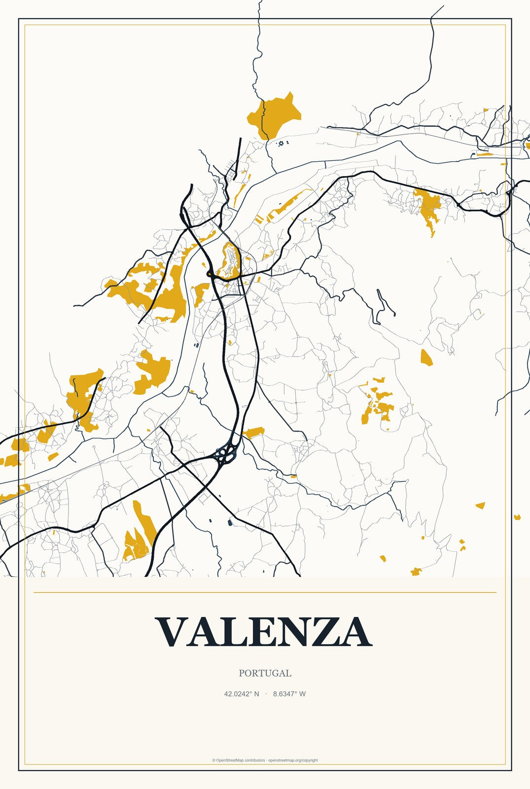 Valenza, Portugal City Map Aluminum Sign in Citrine Modern style