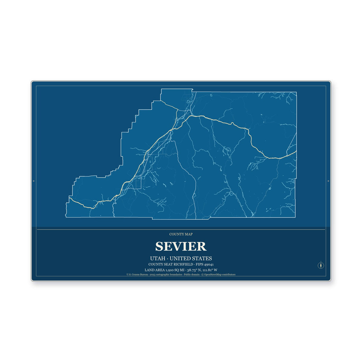 Sevier County, Utah Map Aluminum Sign in Harbor Cobalt style