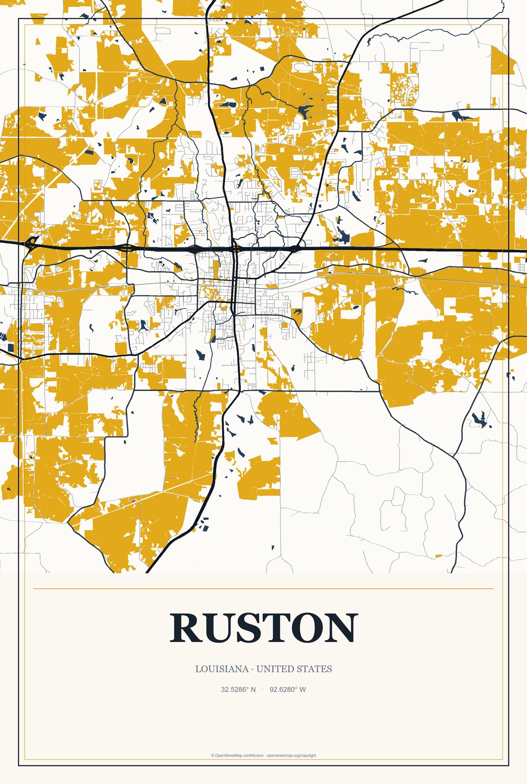 Ruston, Louisiana City Map Aluminum Sign in Citrine Modern style