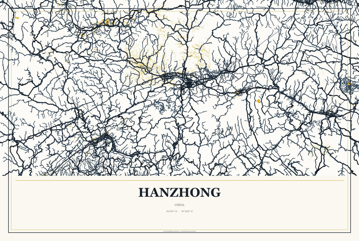 Hanzhong, China City Map Aluminum Sign in Citrine Modern style