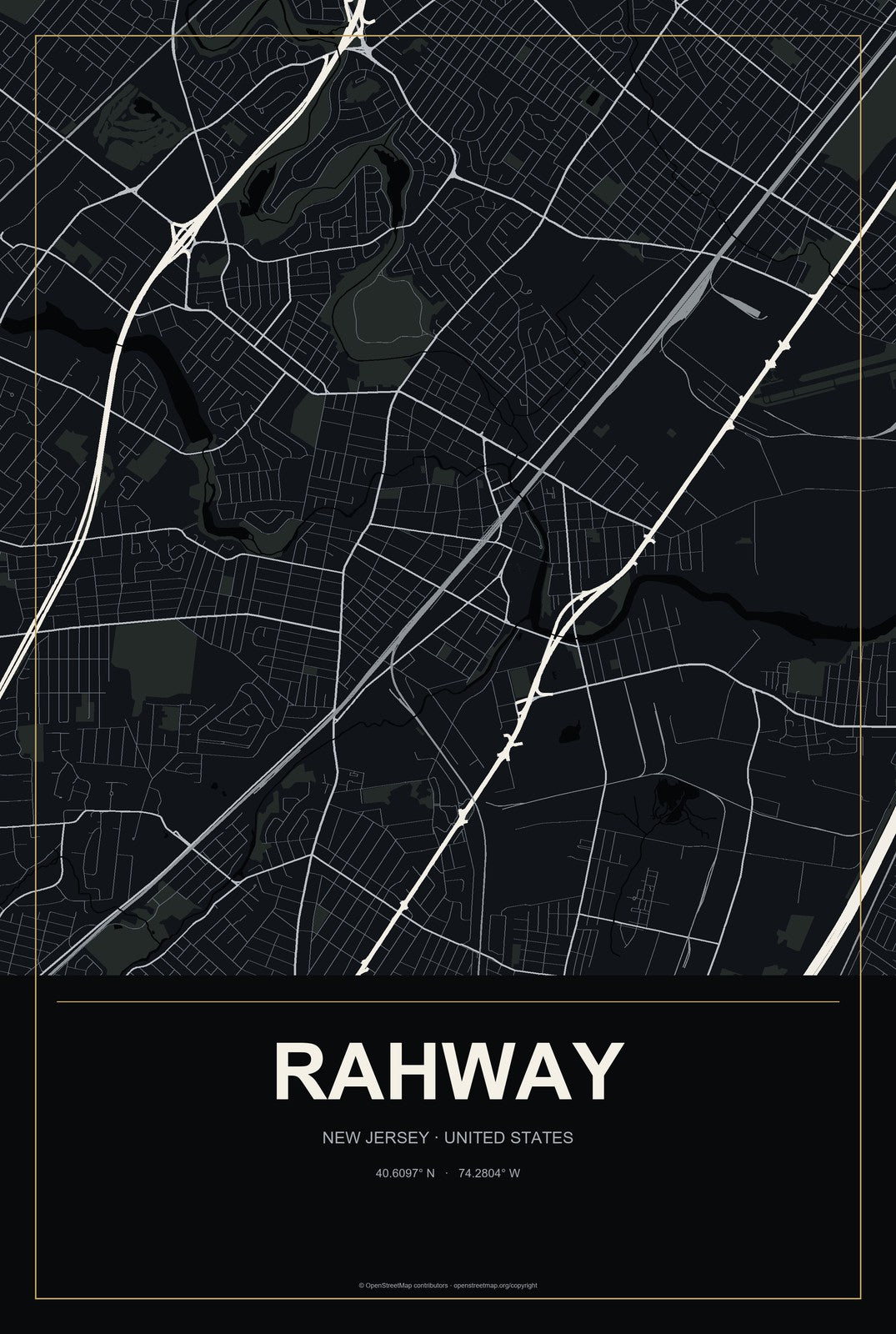 Rahway, New Jersey City Map Aluminum Sign in Metropolitan Noir style