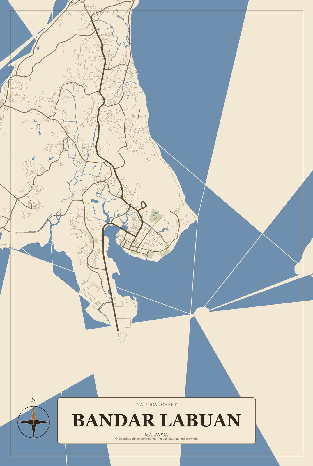Bandar Labuan, Malaysia City Map Aluminum Sign in Heritage Nautical style