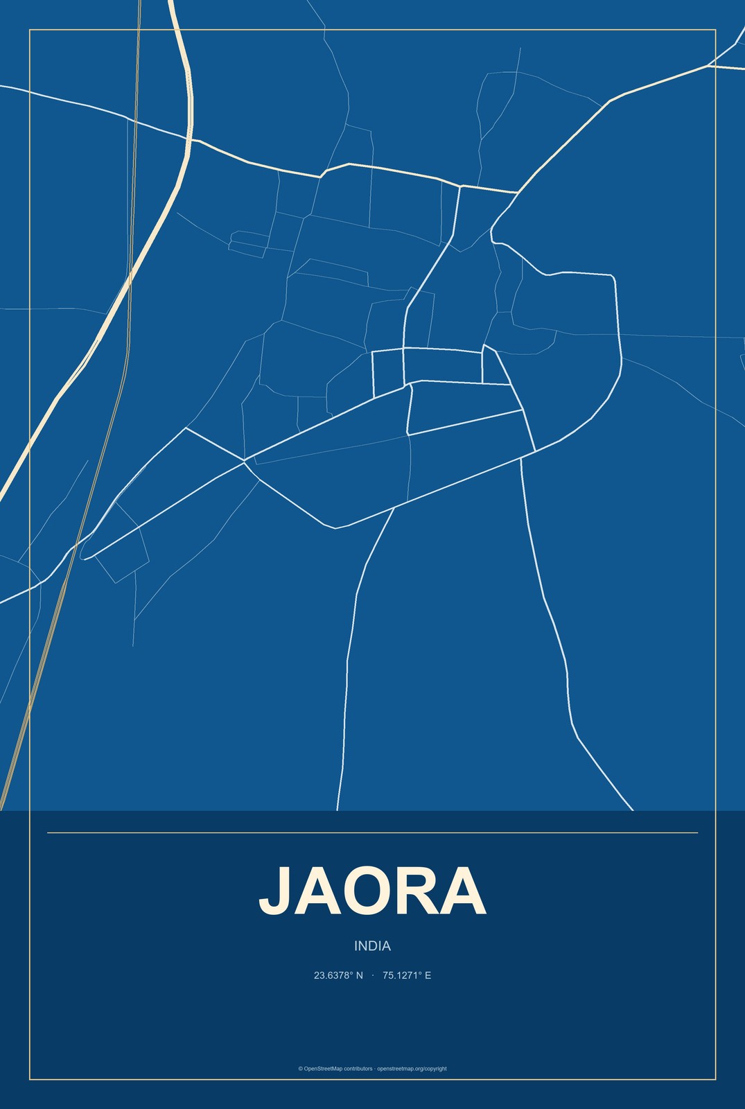 Jaora, India City Map Aluminum Sign in Harbor Cobalt style