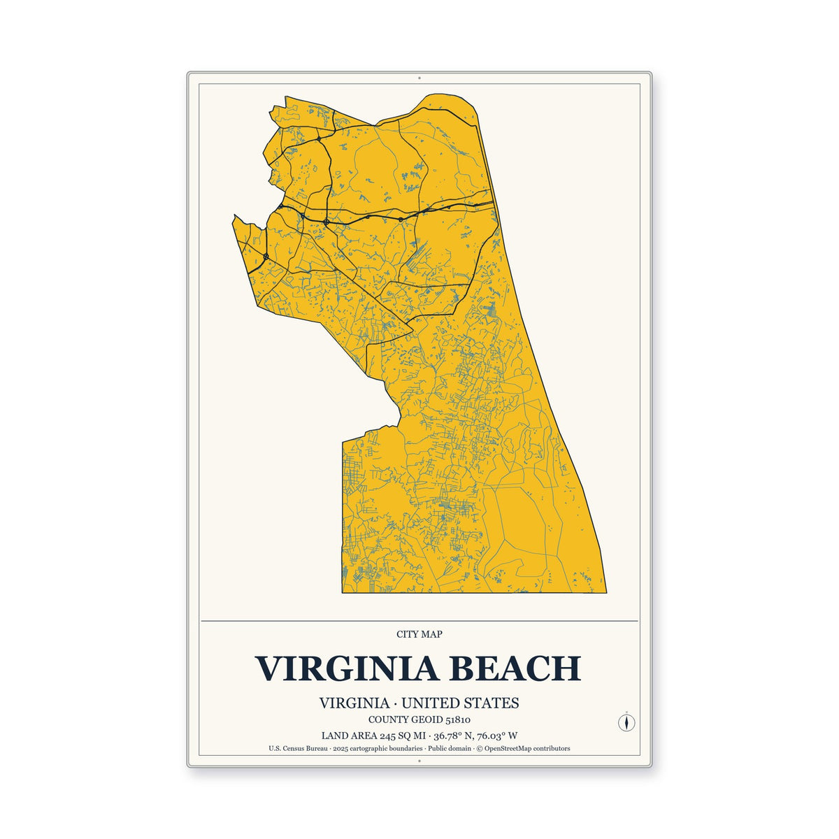 Virginia Beach city, Virginia Map Aluminum Sign in Citrine Modern style
