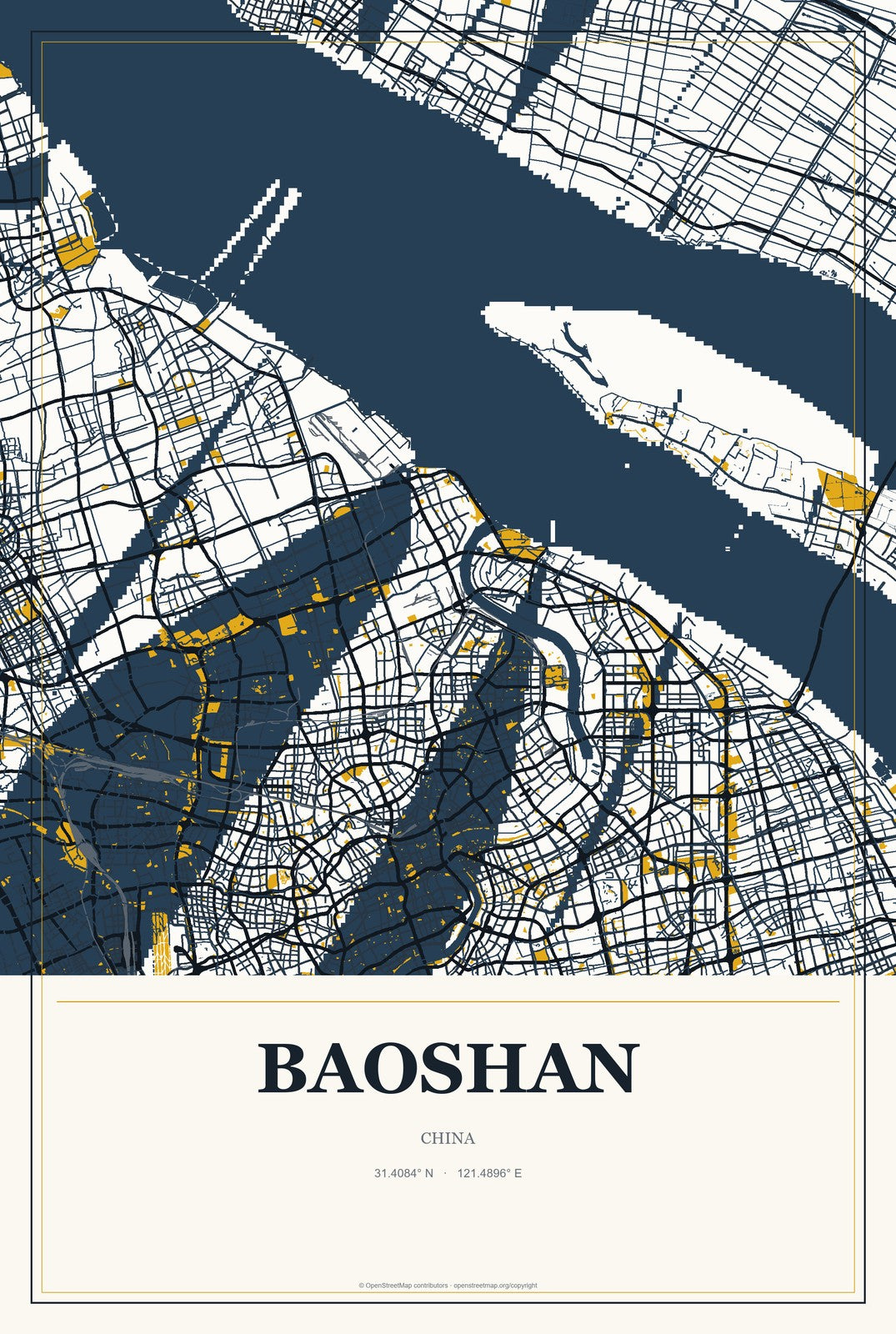 Baoshan, Shanghai, China City Map Aluminum Sign in Citrine Modern style