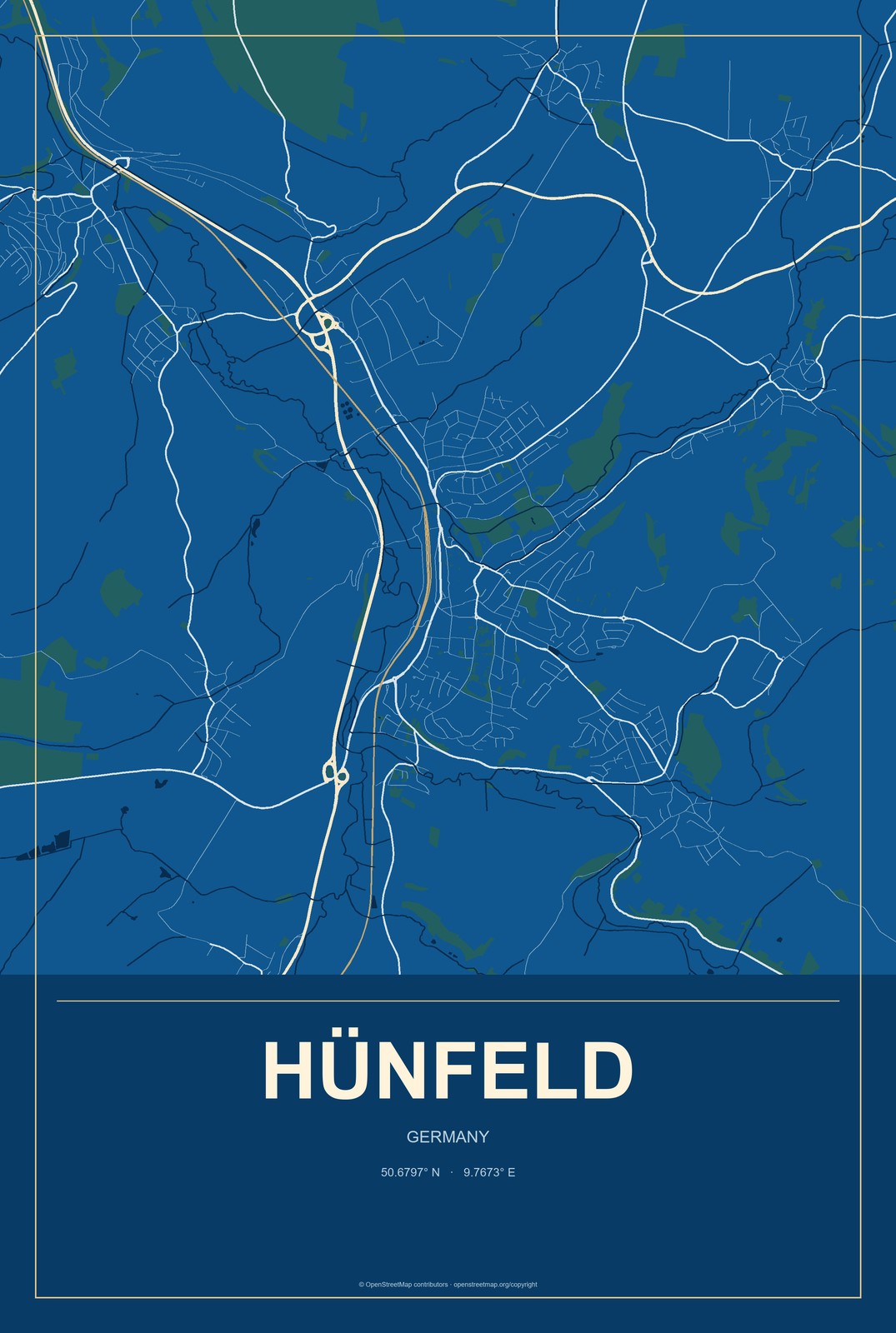 Hünfeld, Germany City Map Aluminum Sign in Harbor Cobalt style