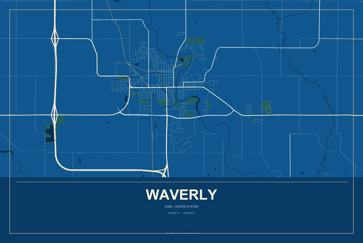 Waverly, Iowa City Map Aluminum Sign in Harbor Cobalt style
