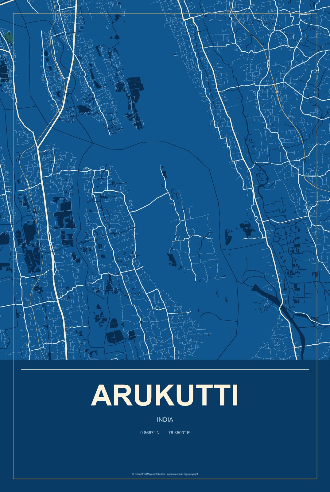 Arukutti, India City Map Aluminum Sign in Harbor Cobalt style
