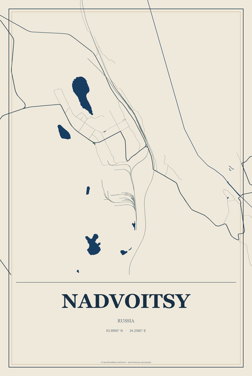 Nadvoitsy, Russia City Map Aluminum Sign in Coastal Cutout style