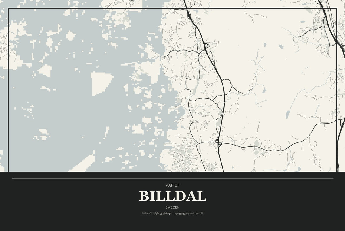 Billdal, Sweden City Map Aluminum Sign in Museum Plaque style