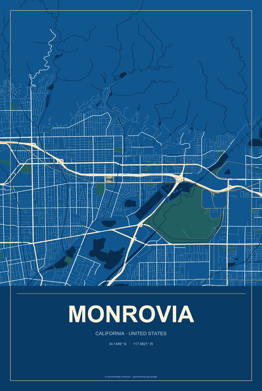 Monrovia, California City Map Aluminum Sign in Harbor Cobalt style
