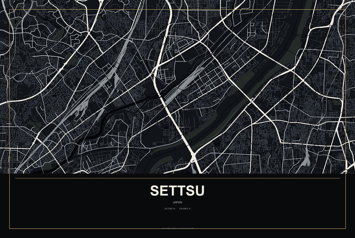 Settsu, Japan City Map Aluminum Sign in Metropolitan Noir style