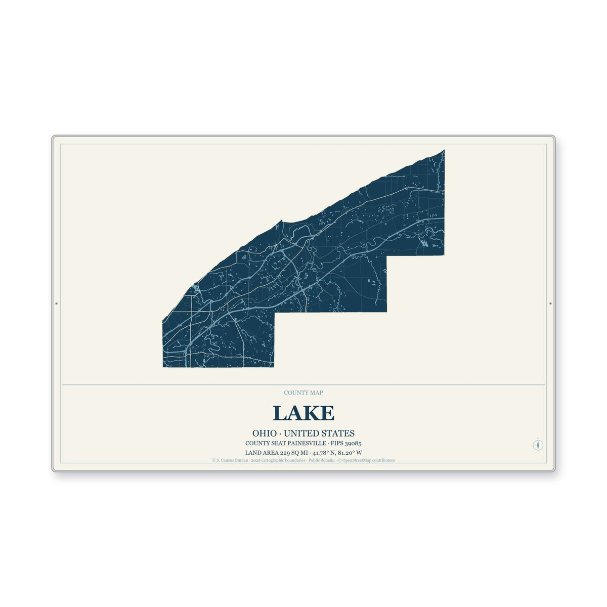 Lake County, Ohio Map Aluminum Sign in Coastal Cutout style