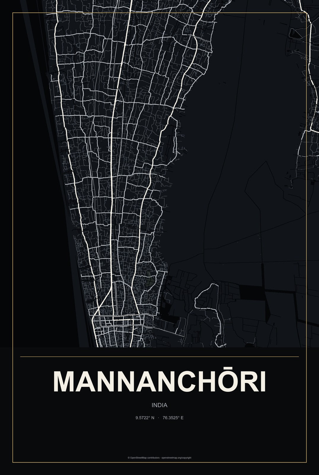 Mannanchōri, India City Map Aluminum Sign in Metropolitan Noir style